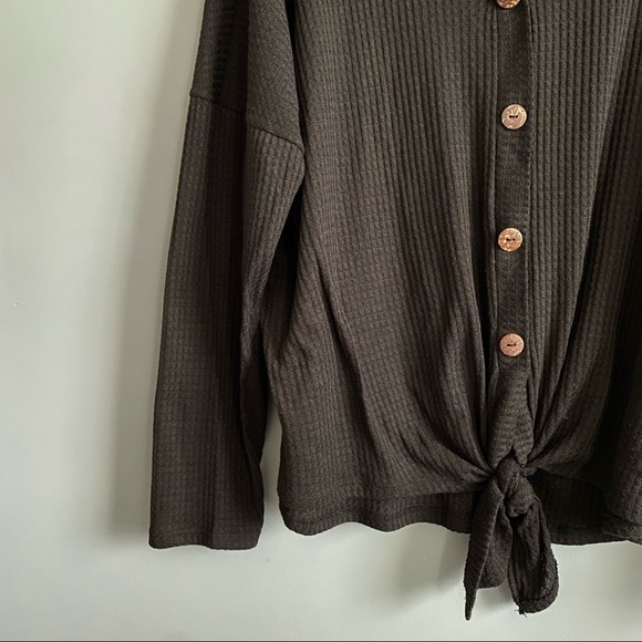 Curvy Sense Black Top Waffle Knit Button Down Tie Waist Long Sleeves Size 3X NEW - Picture 4 of 10